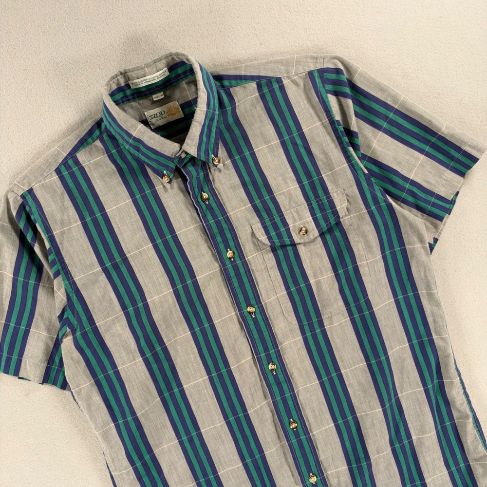 Vintage 90s Izod Club Striped Short Sleeve Button Down Shirt Medium Flap Pocket